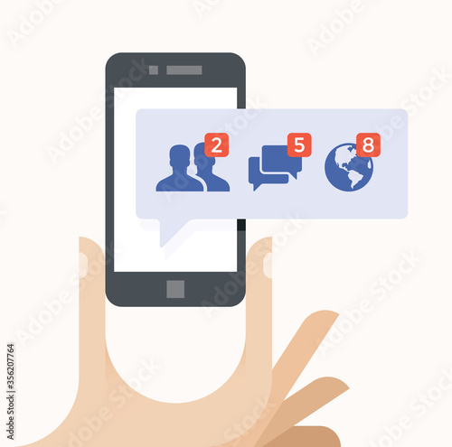Human hand holding mobile phone with social network (Facebook) icons - Friends, Messages (Chats, Comments) and Notifications on screen. Idea - Internet friendship and communication, Online messaging.