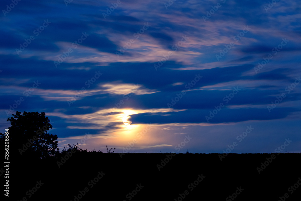 Night landscape with a bright moon in the cloudy sky