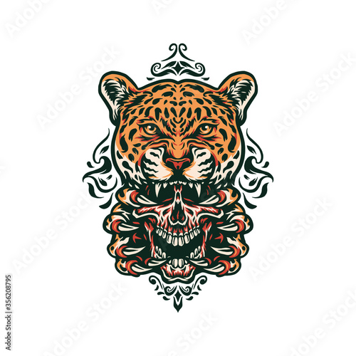 Jaguar and skull, hand drawn line with digital color, vector illustration