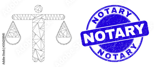 Web carcass judge pictogram and Notary watermark. Blue vector rounded textured watermark with Notary text. Abstract frame mesh polygonal model created from judge pictogram.