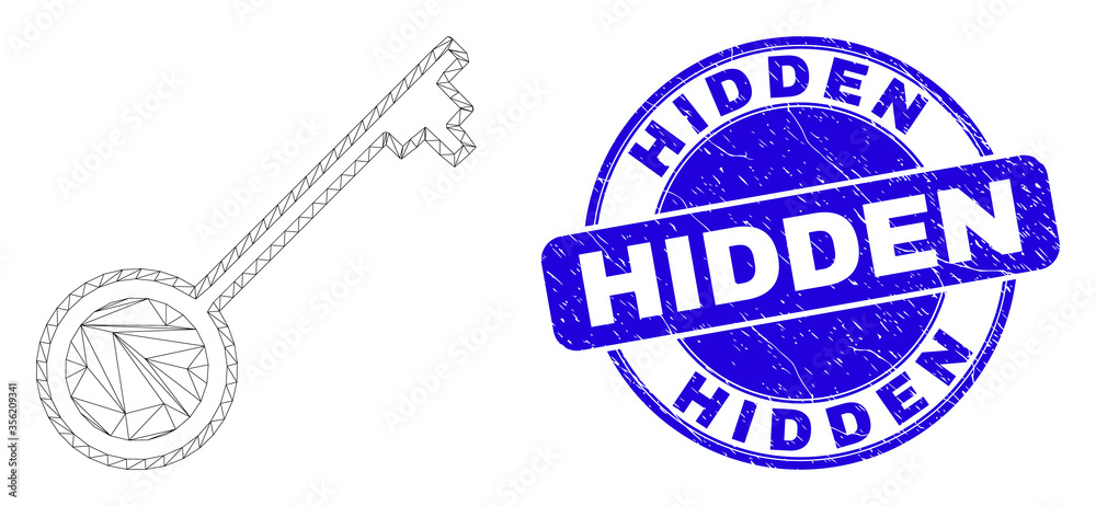 Web mesh key icon and Hidden stamp. Blue vector round scratched seal stamp with Hidden message. Abstract carcass mesh polygonal model created from key icon. Web mesh key icon and Hidden stamp. Blue vector round scratched seal stamp with Hidden message. Abstract carcass mesh polygonal model created from key icon.
