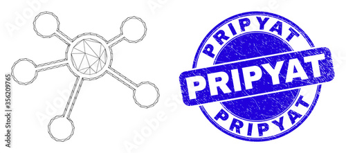 Web mesh links pictogram and Pripyat stamp. Blue vector rounded scratched stamp with Pripyat title. Abstract carcass mesh polygonal model created from links pictogram.