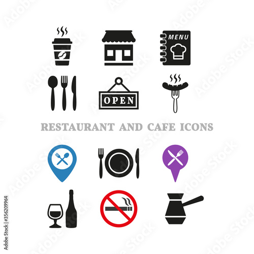 Restaurant and cafe icons set on white background.