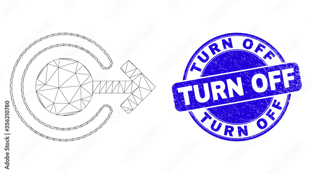 Web mesh logout icon and Turn Off seal stamp. Blue vector rounded distress seal stamp with Turn Off message. Abstract frame mesh polygonal model created from logout icon.