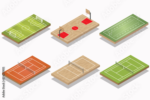 Vector set of sport field isometric. - soccer, basketball, american football, tennis, and volleyball field.