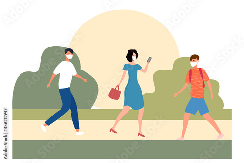  Modern flat illustration of masked people on a city background. Male and female cartoon character in motion. Flat vector. Business concept Young beautiful woman holding a phone in her hand. 