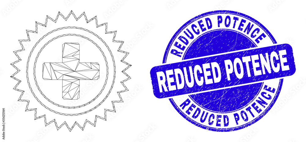 Web mesh medical cross icon and Reduced Potence seal stamp. Blue vector round scratched stamp with Reduced Potence text. Abstract carcass mesh polygonal model created from medical cross icon.