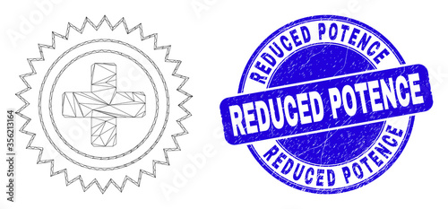 Web mesh medical cross icon and Reduced Potence seal stamp. Blue vector round scratched stamp with Reduced Potence text. Abstract carcass mesh polygonal model created from medical cross icon.