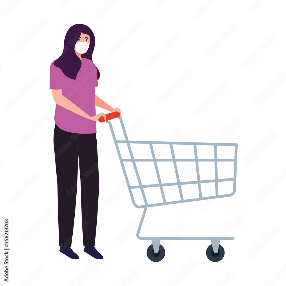 Woman with mask and shopping cart design of Online ecommerce and covid 19 virus theme Vector illustration Woman with mask and shopping cart design of Online ecommerce and covid 19 virus theme Vector illustration