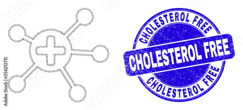 Web mesh medical links pictogram and Cholesterol Free seal stamp. Blue vector round distress seal stamp with Cholesterol Free message.