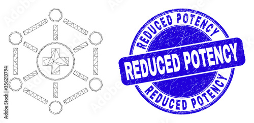 Web carcass medical links pictogram and Reduced Potency seal. Blue vector rounded scratched seal with Reduced Potency phrase.