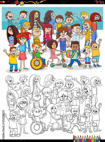 cartoon kids characters group coloring book page