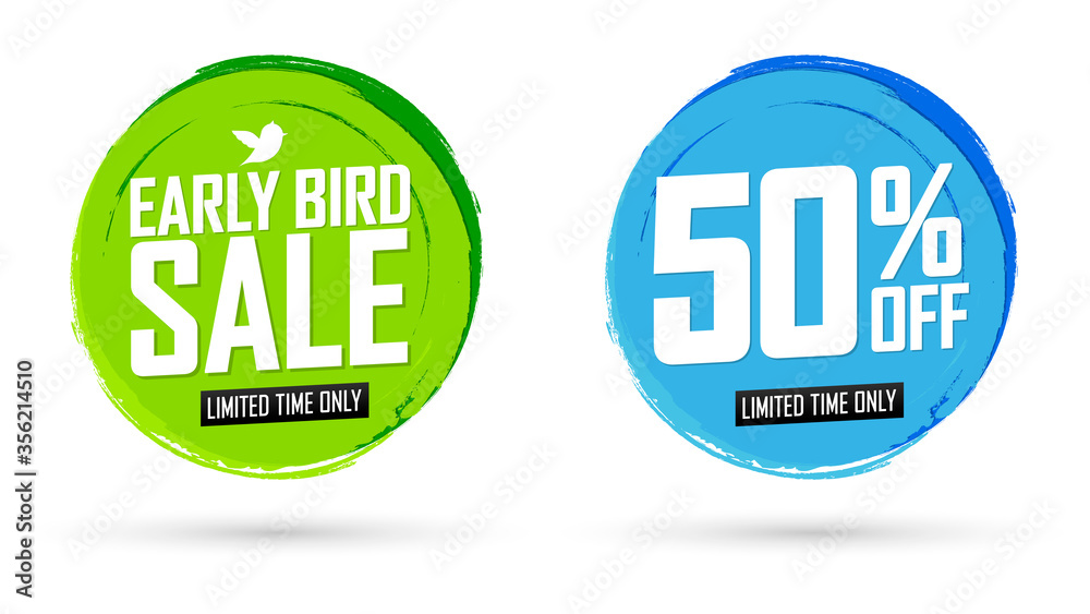 Early Bird Sale, 50% off, banners design template, discount tags, vector illustration Early Bird Sale, 50% off, banners design template, discount tags, vector illustration