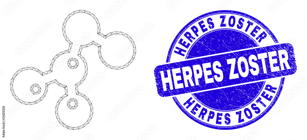 Web mesh microbes icon and Herpes Zoster watermark. Blue vector round distress watermark with Herpes Zoster phrase. Abstract frame mesh polygonal model created from microbes pictogram. Web mesh microbes icon and Herpes Zoster watermark. Blue vector round distress watermark with Herpes Zoster phrase. Abstract frame mesh polygonal model created from microbes pictogram.