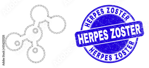 Web mesh microbes icon and Herpes Zoster watermark. Blue vector round distress watermark with Herpes Zoster phrase. Abstract frame mesh polygonal model created from microbes pictogram.