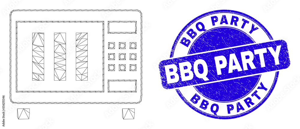 Web mesh microwave oven pictogram and BBQ Party seal stamp. Blue vector round distress seal with BBQ Party title. Abstract carcass mesh polygonal model created from microwave oven pictogram.