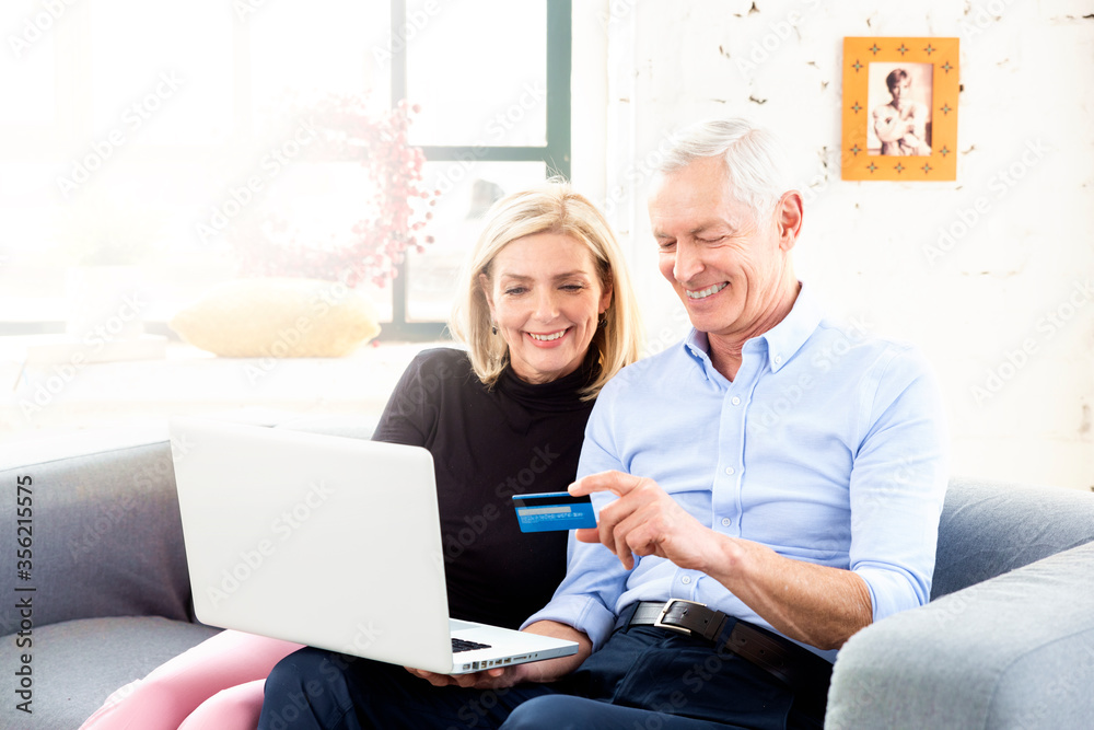 Happy elderly couple using bank card and notebook while shopping online Happy elderly couple using bank card and notebook while shopping online
