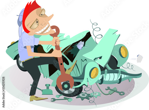 Cartoon mechanic repairs a car illustration. Cartoon mechanic with a big spanner repairs the broken car isolated on white
