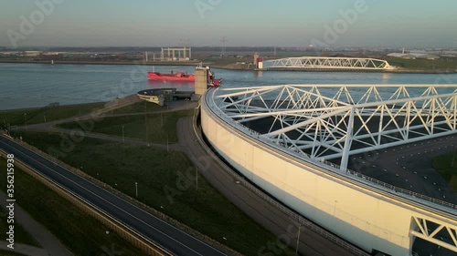 WS POV SLO MO Maeslantkering, part of Deltawerken system of flood barriers and dykes / Rotterdam, Zuid-Holland, Netherlands photo