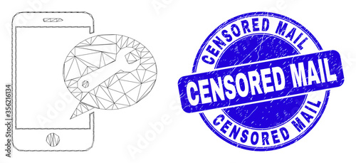 Web mesh mobile service message pictogram and Censored Mail seal stamp. Blue vector round textured seal with Censored Mail message.