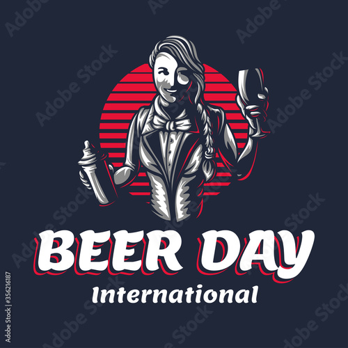 Happy young girl bartender with a shaker to International Beer Day. Vector illustration of woman barkeeper or barman character silhouette at work on a black background in engraved retro vintage style