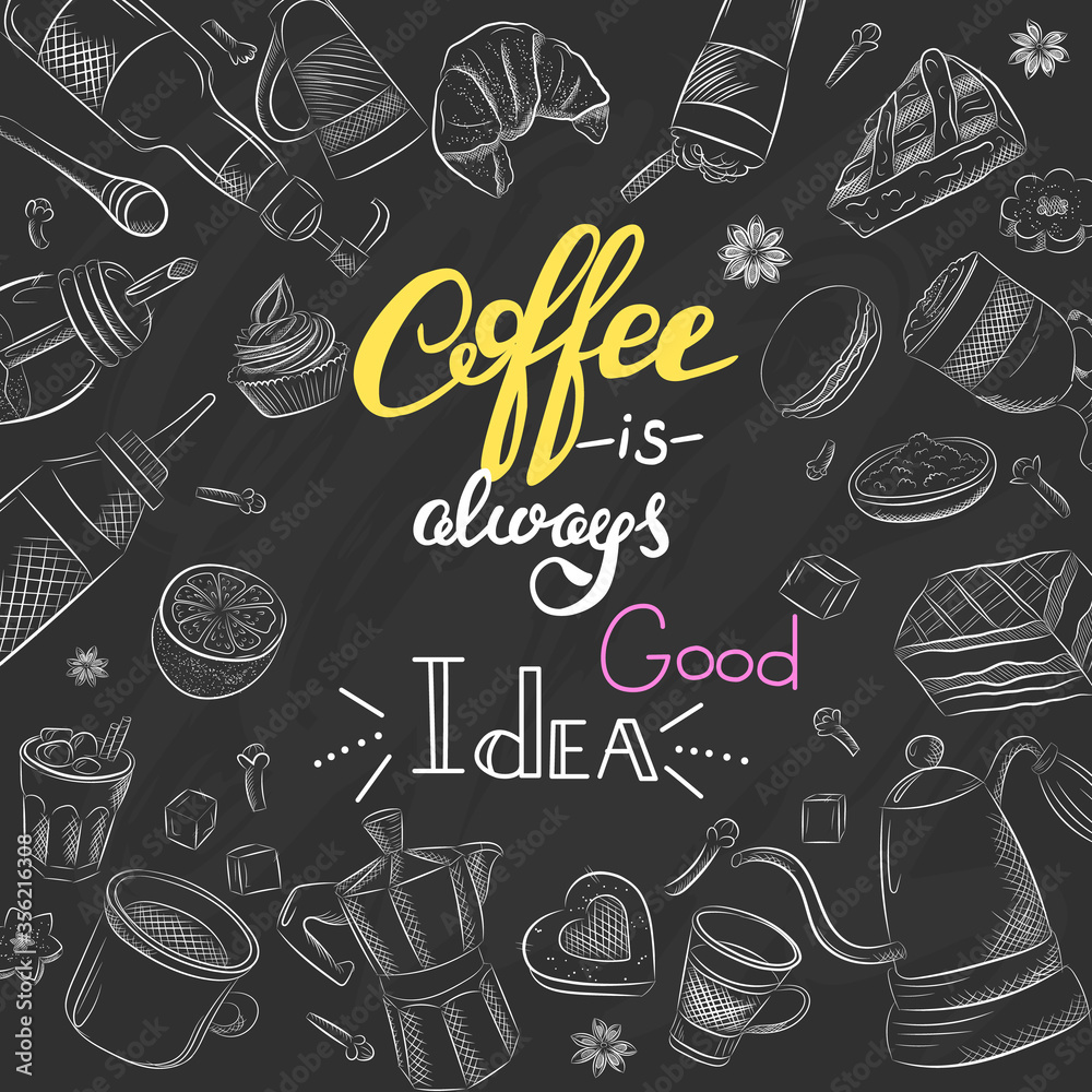 Hand Drawn Set Coffee Vector Illustration Breakfast. Vintage coffee objects for restaurant or cafe menu