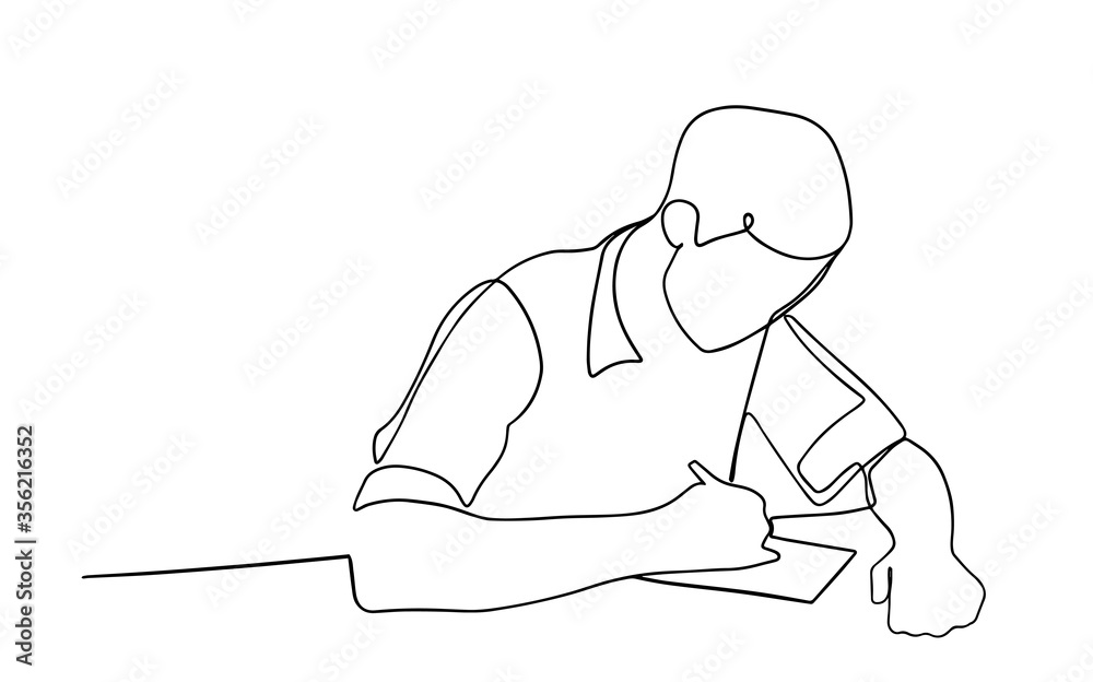 Continuous line art figure of a man in a shirt sitting at a table who ...