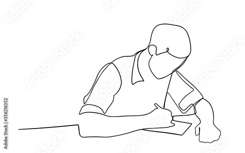 Continuous line art figure of a man in a shirt sitting at a table who is writing something. Can be used for animation. Vector illustration of a black contour on a white background. man studying.