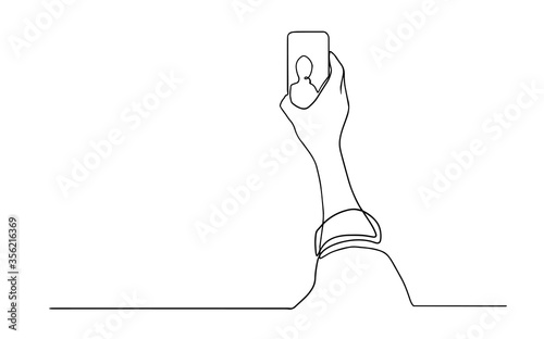 Person selfie one line drawing. Man taking a picture with smartphone or mobile phone camera. Continuous one line drawing of selfie vector. minimalism style illustration isolated on white background.