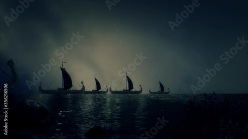 Fleet of Viking Ship Under a Lightning Storm photo