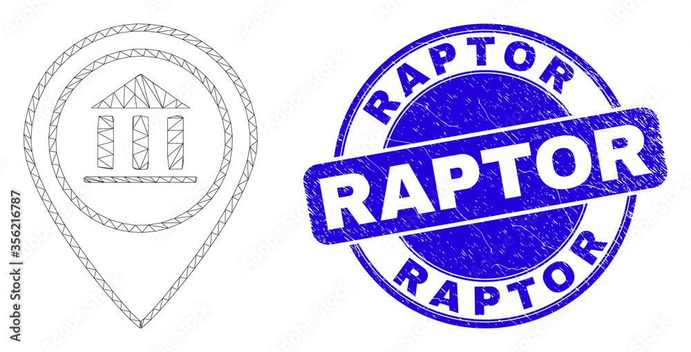 Web mesh museum map marker pictogram and Raptor stamp. Blue vector rounded textured stamp with Raptor caption. Abstract carcass mesh polygonal model created from museum map marker pictogram.