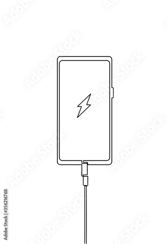 Icon battery in the phone is charging. smartphone charging cable usb vector. mobile symbol continuous line illustration. one line of a modern smartphone charging. Concept of fast charging.