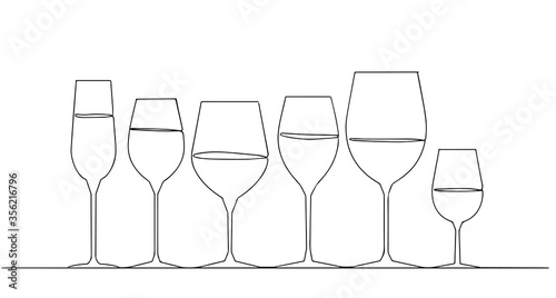 Background drink. Pattern glasses. Continuous drawing. One line style. Vector illustration. drawing of a different sized wine glasses. Collection of black wine glasses silhouettes.