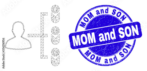 Web carcass newborn parent links pictogram and Mom and Son stamp. Blue vector rounded textured watermark with Mom and Son caption.