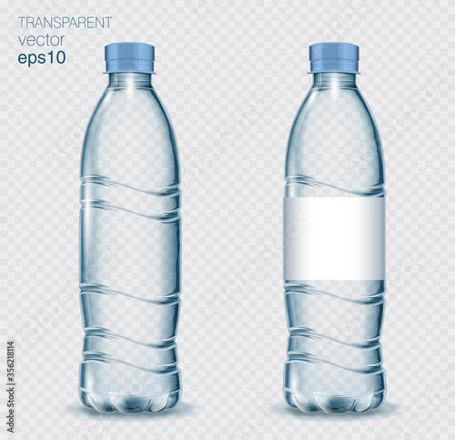 Transparent realistic vector blue plastic bottle with water on light background