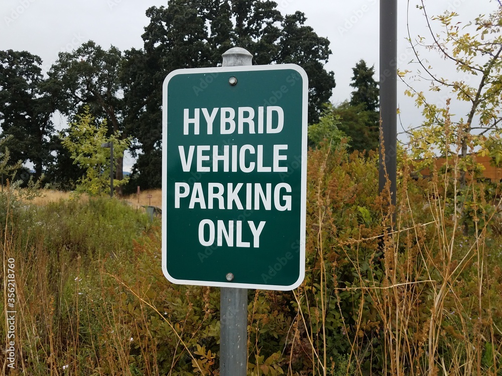 green hybrid vehicle parking only sign and grass