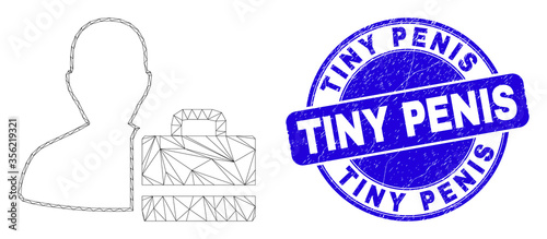 Web mesh person case icon and Tiny Penis seal stamp. Blue vector rounded grunge seal stamp with Tiny Penis message. Abstract carcass mesh polygonal model created from person case icon.
