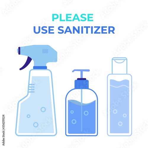 Use sanitizer icons. Alcohol Gel Dispenser, infection control hygiene concept. Sanitizers Cleaning with Antiseptic Product. Prevention against Coronavirus, Germs and Infection. Flat style isolated