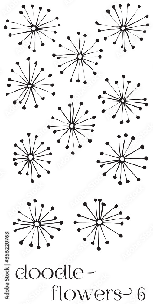 Doodle flowers 6 hand drawn vector image set, simple line drawing illustration variations