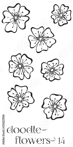 Doodle flowers 14 hand drawn vector image set, simple line drawing illustration variations
