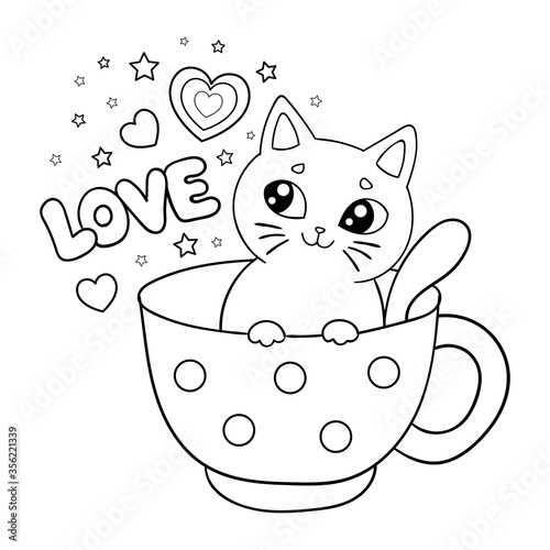 Love. Cute cartoon kitten in a cup. Black and white. Vector illustration...