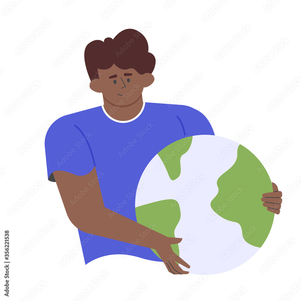 African man holds a globe. Travel and geography. Peace. School teacher. Vector flat illustration with character. African man holds a globe. Travel and geography. Peace. School teacher. Vector flat illustration with character.