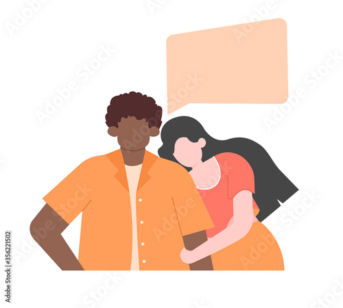 Young multinational couple. Two mixed race people. Caucasian girl and african american guy are hugging. Speech bubble for text. Vector flat illustration.