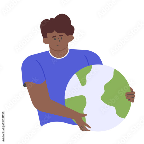 African man holds a globe. Travel and geography. Peace. School teacher. Vector flat illustration with character.