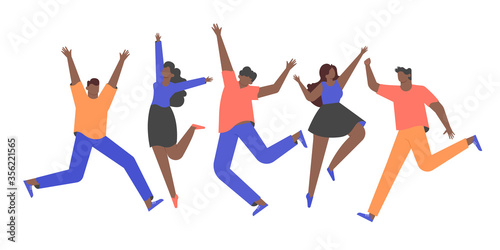 Group of happy african people in casual clothes. Men and women are jumping. Celebration. Vector flat illustration.