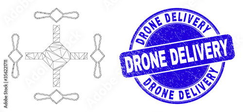 Web mesh quadcopter icon and Drone Delivery seal stamp. Blue vector round scratched stamp with Drone Delivery message. Abstract carcass mesh polygonal model created from quadcopter icon.