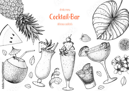 Alcoholic cocktails hand drawn vector illustration. Cocktails sketch set. Engraved style. Tropical collection. Summer time.