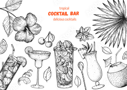 Alcoholic cocktails hand drawn vector illustration. Cocktails sketch set. Engraved style. Tropical collection.