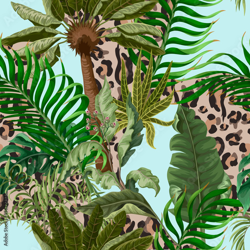 Seamless leopard skin pattern with tropical leaves. Vector.