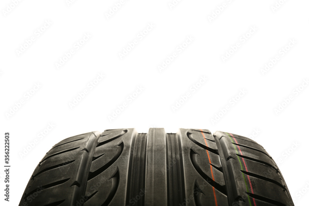 Tire tread on white background close up with copy space Tire tread on white background close up with copy space